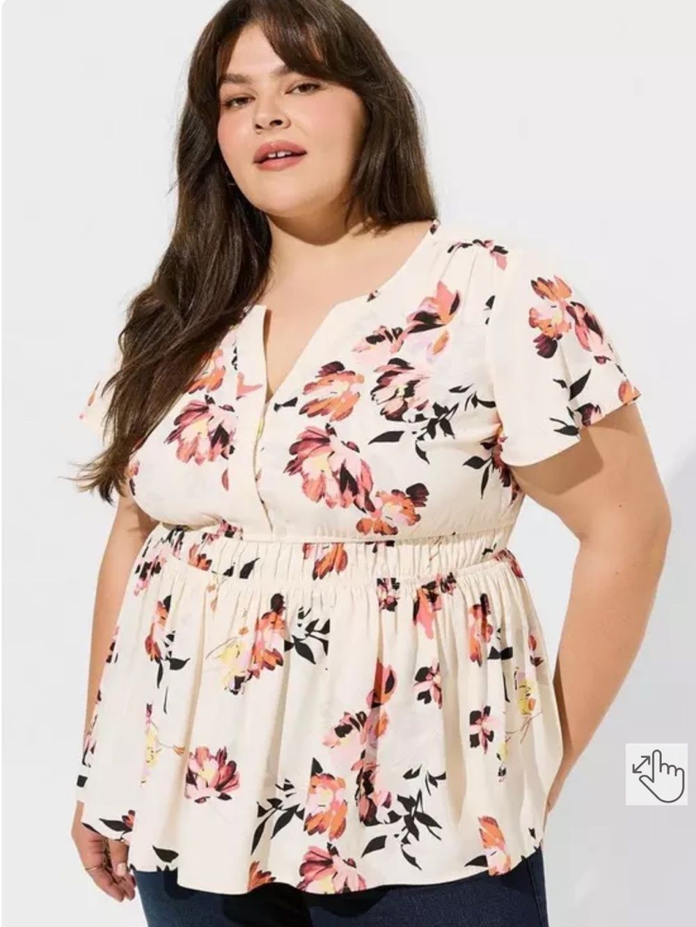 Torrid 2/18-20 Beige Swoop Floral Dew Flutter Sleeve Baby Doll Blouse
